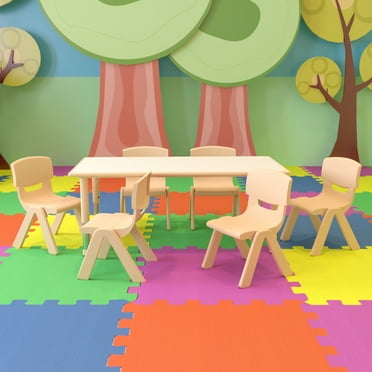 Emma + Oliver 23.625"W x 47.25"L Rectangle Natural Plastic Activity Table Set with 6 Chairs