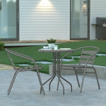 Emma   Oliver 23.75'' Round Glass Top Metal Table with 2 Silver Aluminum Slat Stack Chairs