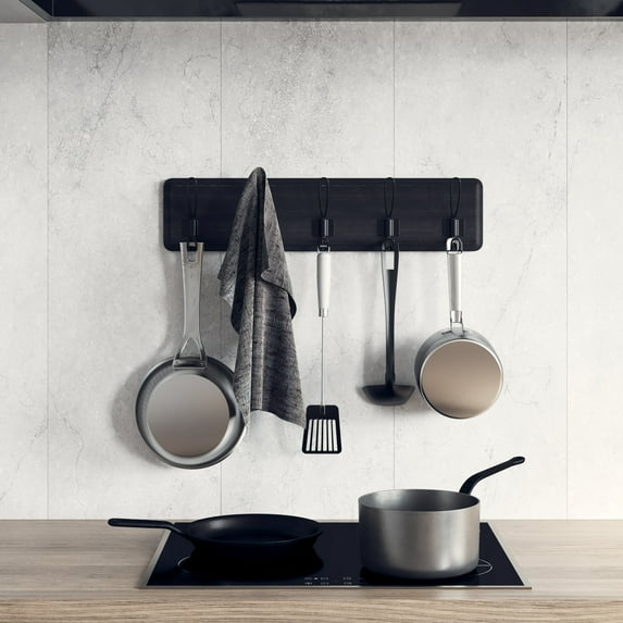 Emma + Oliver 24" Black Wash Rustic Wall Hanging Storage Rack with Hooks for Entryway, Kitchen, Bathroom and More