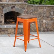 Emma + Oliver 24"H Backless Orange Metal Counter Height Stool with Wood Seat