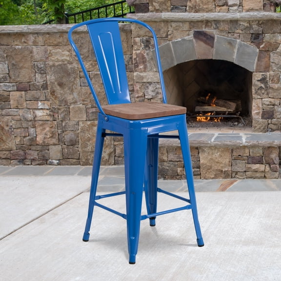 Emma + Oliver 24"H Blue Metal Counter Height Stool with Back and Wood Seat