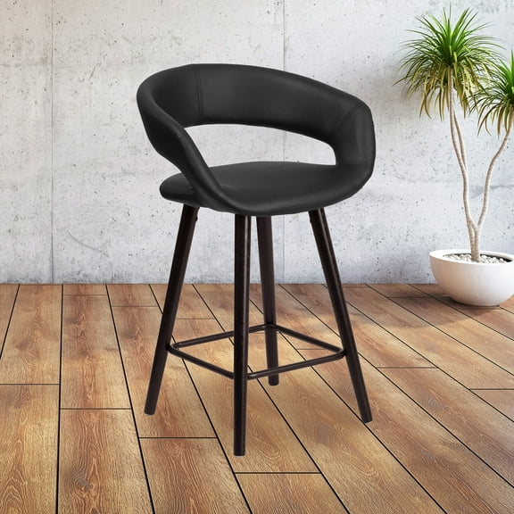 Emma + Oliver 24"H Cappuccino Wood Rounded Open Back Counter Stool - Black Vinyl