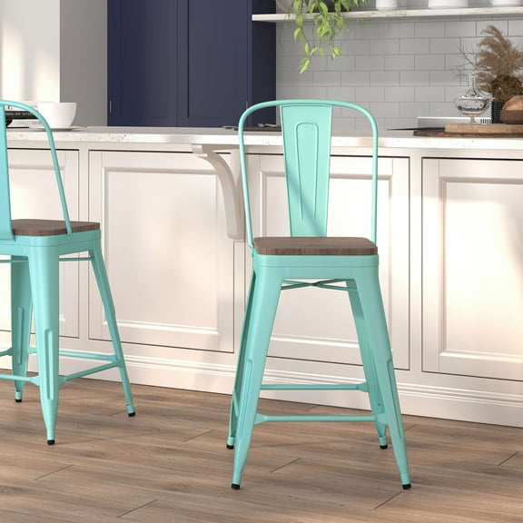 Emma + Oliver 24"H Mint Green Metal/Wood Counter Height Stool with Back