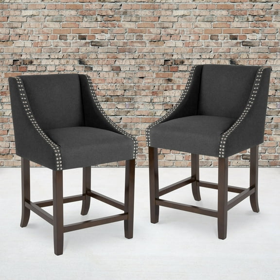 Emma + Oliver 24"H Walnut Counter Height Stool-Charcoal Fabric Accent Nail Trim, Set of 2