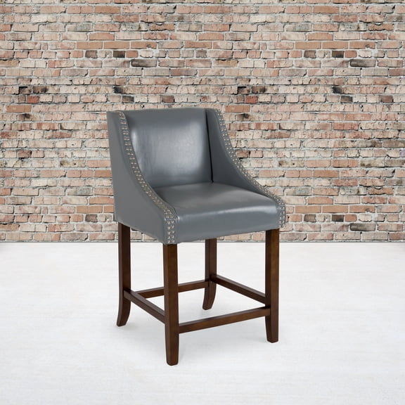 Emma + Oliver 24" High Walnut Counter Height Stool-Light Gray LeatherSoft Accent Nail Trim
