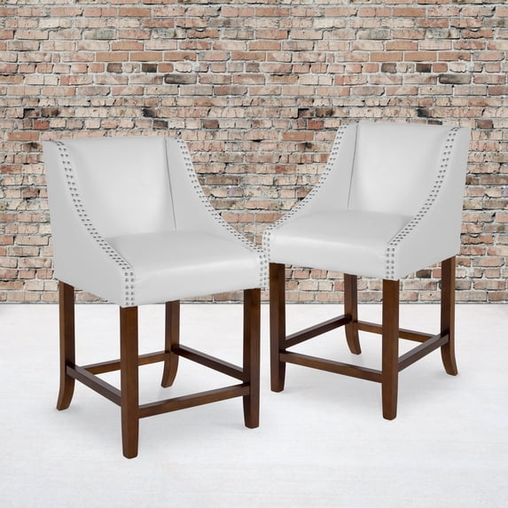 Emma + Oliver 24" High Walnut Counter Height Stool-White LeatherSoft Accent Nail Trim, Set of 2