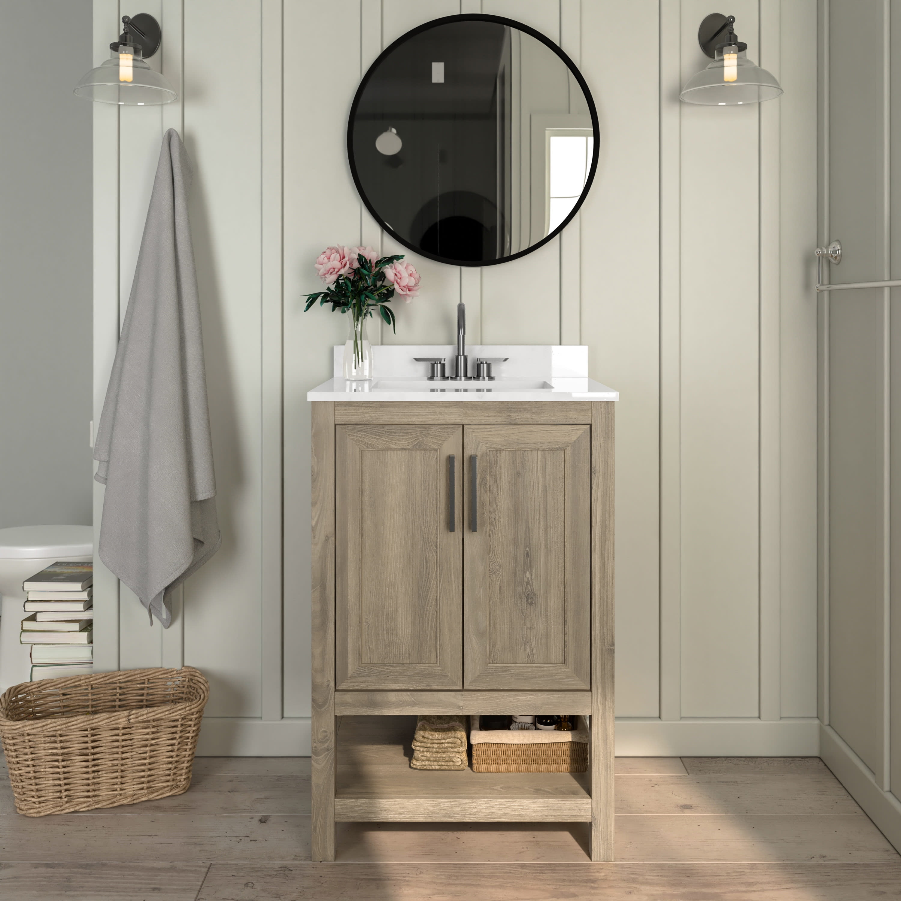 Emma + Oliver 24 Inch Bathroom Vanity, Single Sink Cabinet with 2 Soft Close Doors and Open Shelf, Carrara Marble Finish Countertop, Brown