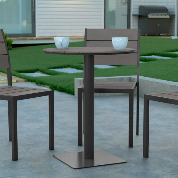 Emma + Oliver 24" Round Outdoor Dining Table with Gray Faux Teak Poly Slats and Gray Steel Frame