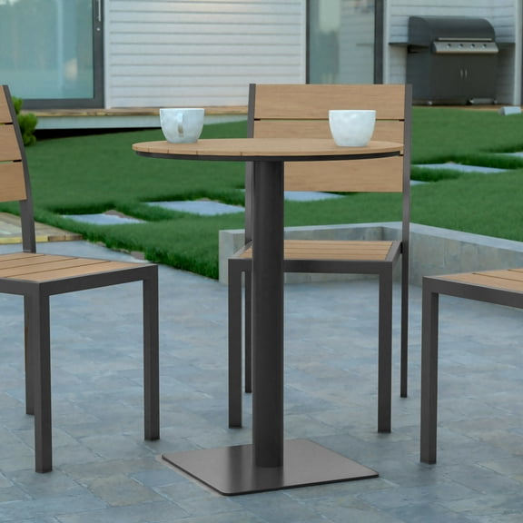 Emma + Oliver 24" Round Outdoor Dining Table with Natural Faux Teak Poly Slats and Gray Steel Frame