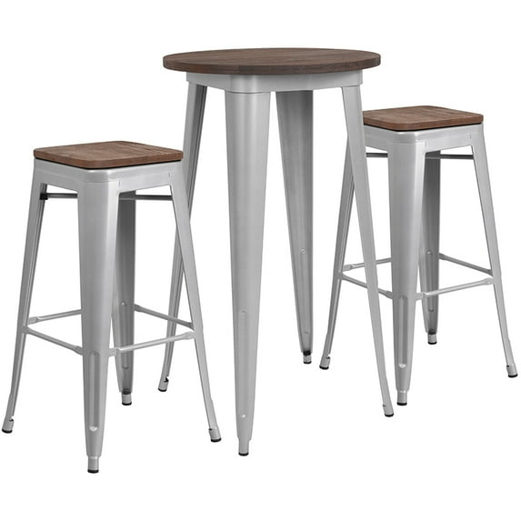 Emma + Oliver 24" Round Silver Metal/Wood Bar Table Set - 2 Backless Stools