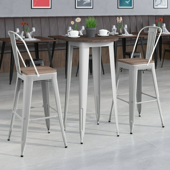Emma + Oliver 24" Round Silver Metal/Wood Bar Table Set - 2 Stools