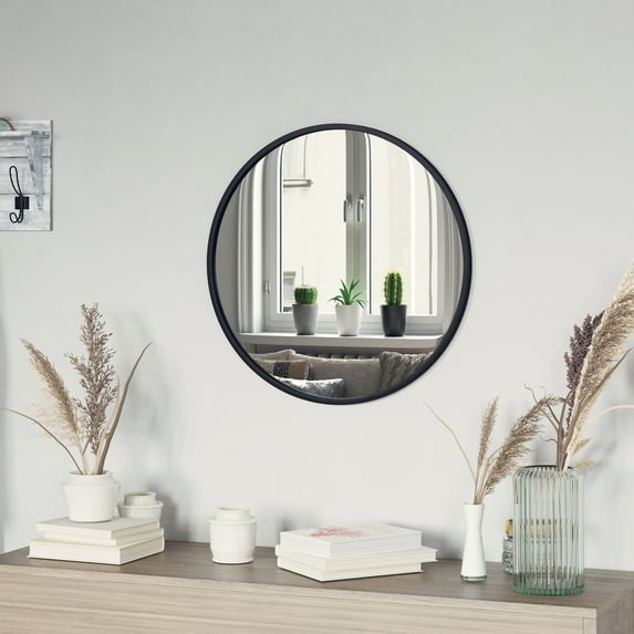 Emma + Oliver 24" Round Wall Mounted Mirror with Matte Black Iron Frame, Silver Backing and Shatterproof Glass for Entryways, Bathrooms and More