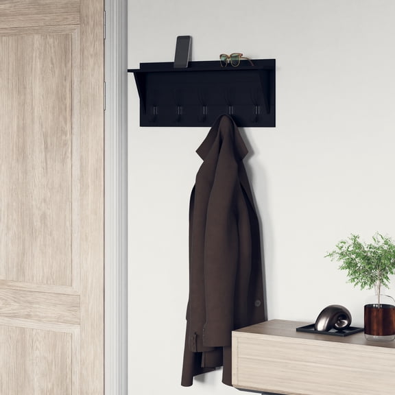 Emma + Oliver 24" Rustic Country Wall Mounted Entryway Shelf with 5 Rustic Hooks and Wood Construction in Black