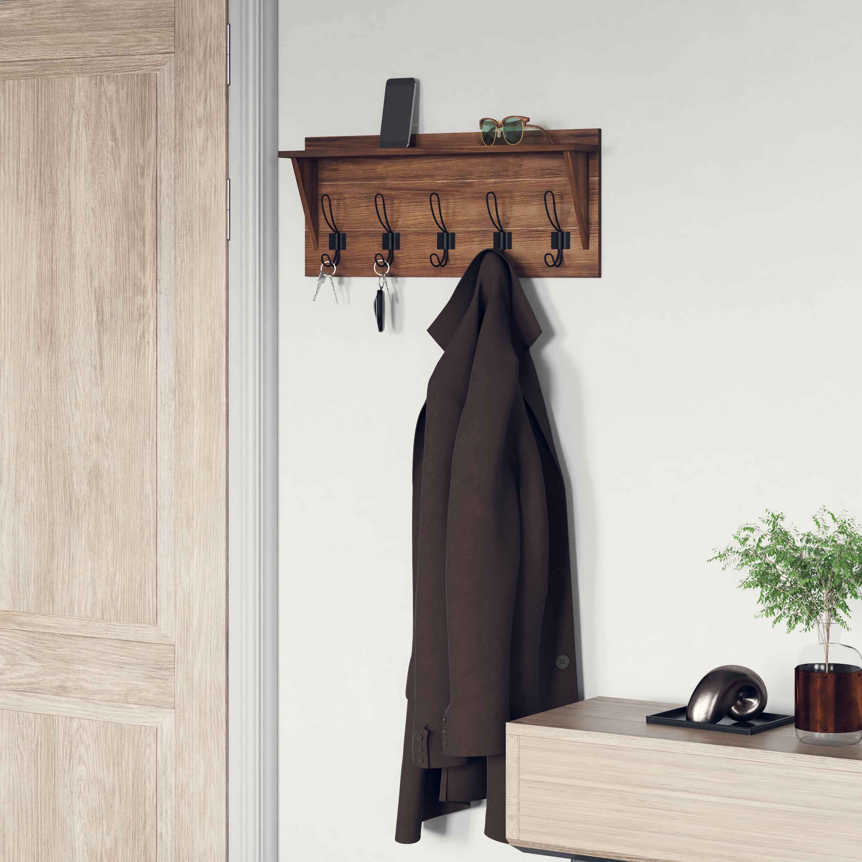 Emma Oliver 24 Rustic Country Wall Mounted Entryway Shelf with 5 Rustic Hooks and Wood Construction in Weathered Brown
