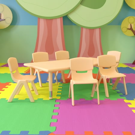 Emma + Oliver 24"W x 48"L Rectangle Natural Plastic Adjustable Activity Table Set - 6 Chairs