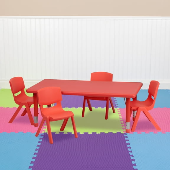 Emma + Oliver 24"W x 48"L Red Plastic Adjustable Activity Table Set-4 Chairs