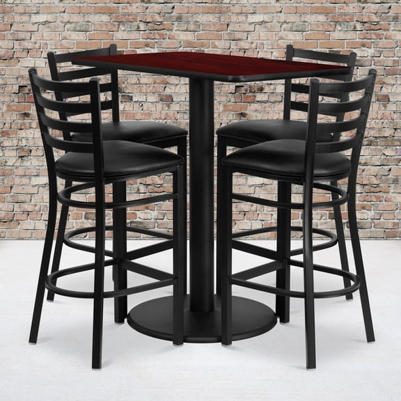 Emma + Oliver 24" x 42" Mahogany Table Set-4 Ladder Back Stools,Black Seat
