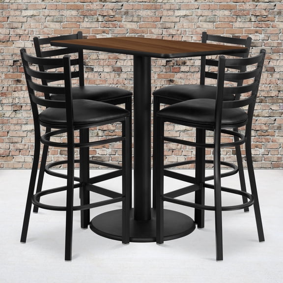Emma + Oliver 24" x 42" Walnut Table Set-4 Ladder Back Stools,Black Seat