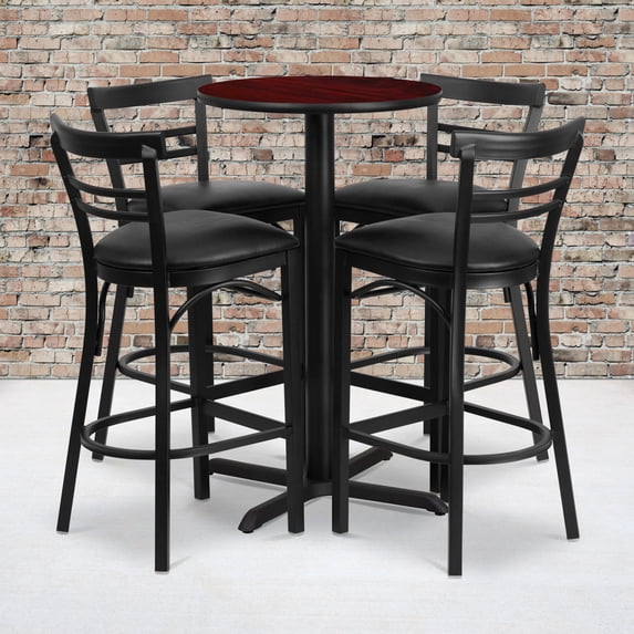 Emma + Oliver 24RD Mahogany Table Set-X-Base-4 2Slat Back Stools,Black Seat