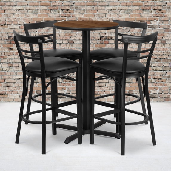 Emma + Oliver 24RD Walnut Table Set-X-Base-4 2Slat Ladder Back Stools,Black Seat