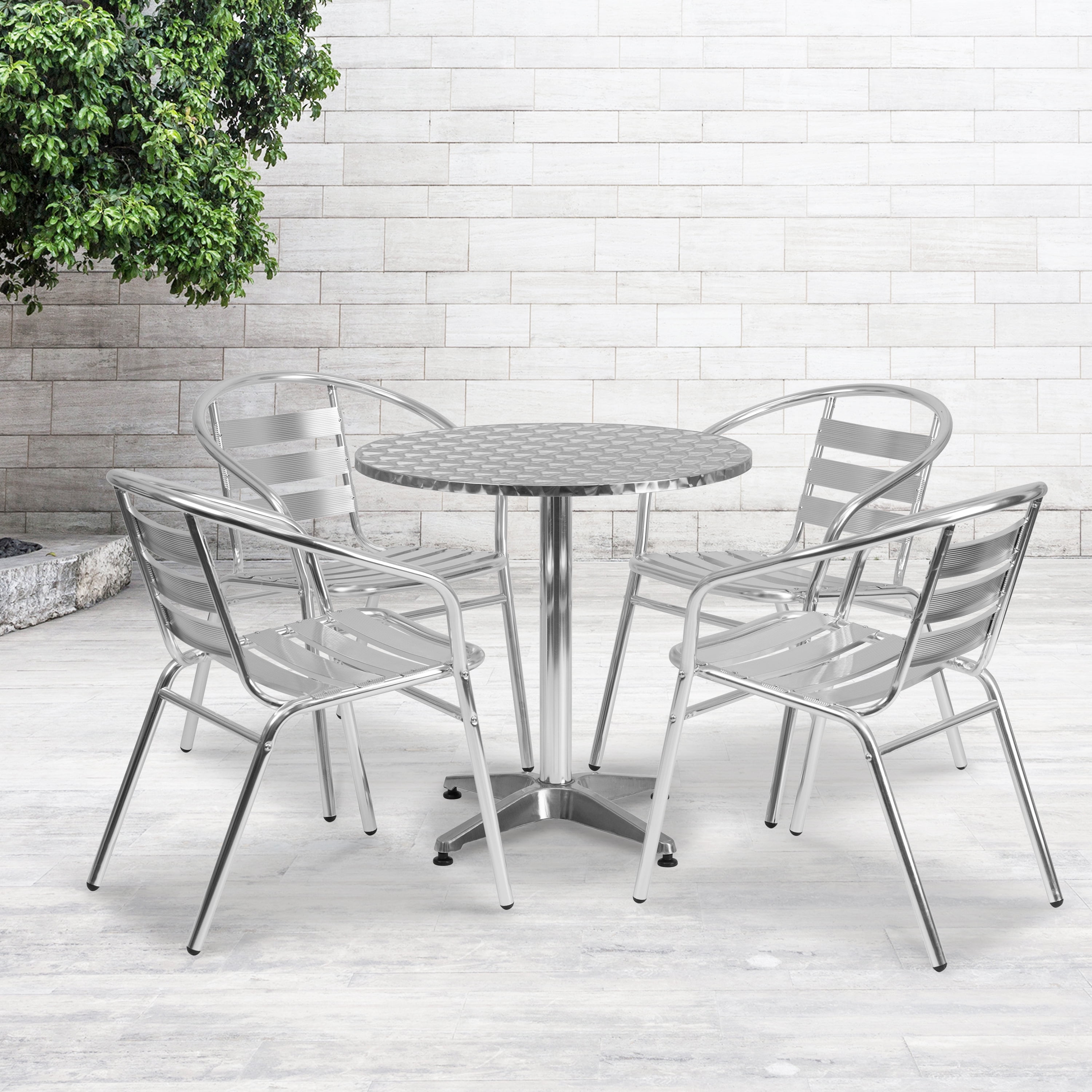 Silver Aluminum 27.5" Round Dining Table Set with 4 Chairs