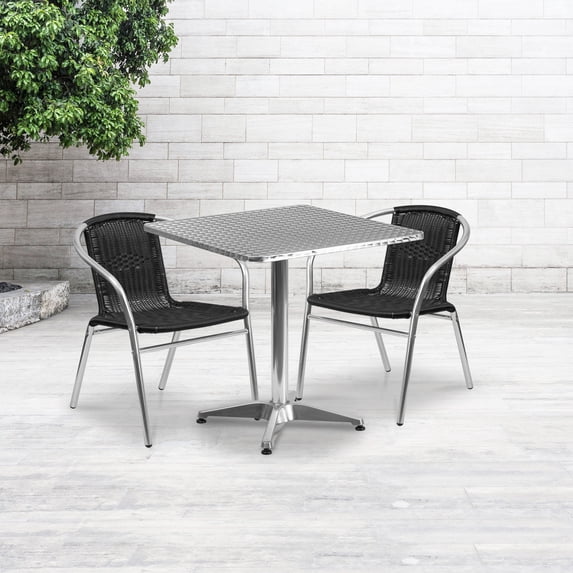 Emma + Oliver 27.5" Square Aluminum Table Set-2 Black Rattan Chairs