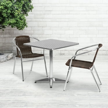 Emma + Oliver 27.5" Square Aluminum Table Set-2 Dark Brown Rattan Chairs