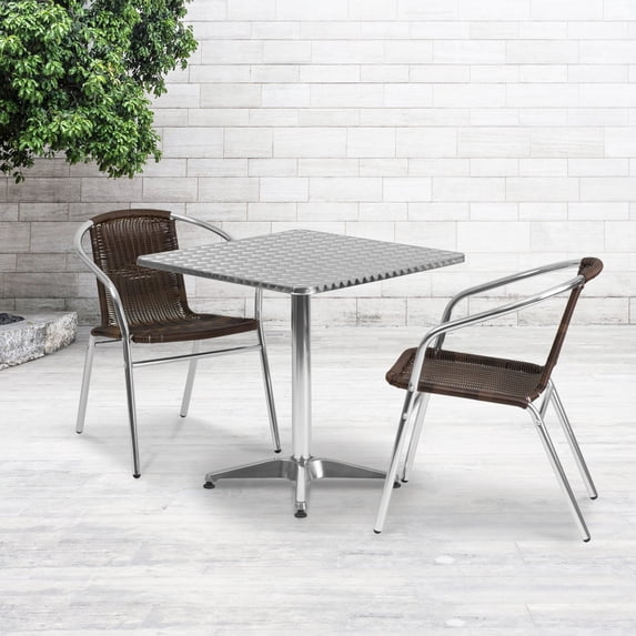 Emma + Oliver 27.5" Square Aluminum Table Set-2 Dark Brown Rattan Chairs