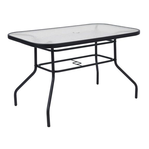 Emma + Oliver 27.5" x 47.25" Patio Table with Tempered Glass Top with Umbrella Hole and Steel Frame in Black