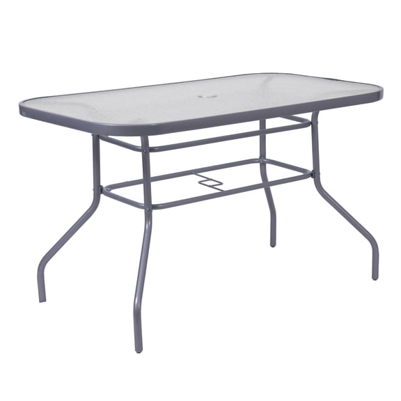 Emma + Oliver 27.5" x 47.25" Patio Table with Tempered Glass Top with Umbrella Hole and Steel Frame in Silver