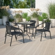 Emma + Oliver 28 Square Tempered Glass Metal Table with Black Rattan Edge