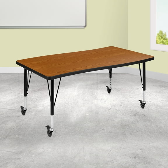 Emma + Oliver Mobile 28"Wx47.5"L Wave Flexible Collaborative Oak Kids Adjustable Activity Table