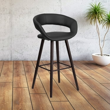 Emma + Oliver 29"H Cappuccino Wood Rounded Open Back Barstool in Black Vinyl