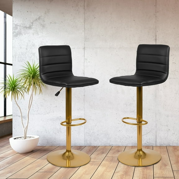 Emma + Oliver 2PK Black Vinyl Adjustable Height Barstool w/ Horizontal Stitch Back & Gold Base