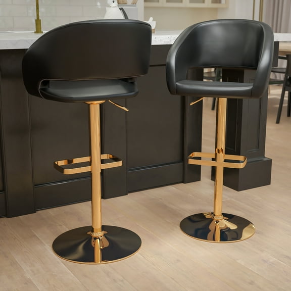 Emma + Oliver 2PK Black Vinyl Adjustable Height Barstool with Rounded Mid-Back and Gold Base