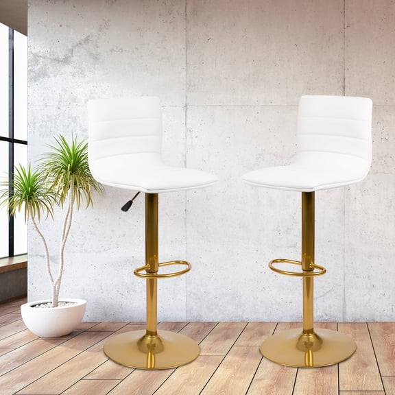 Emma + Oliver 2PK White Vinyl Adjustable Height Barstool w/ Horizontal Stitch Back & Gold Base