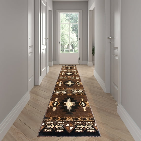 Emma + Oliver 2x10 Chocolate Olefin Accent Rug with Complementary Southwestern Pattern in Beige, Black and Brown and Jute Backing