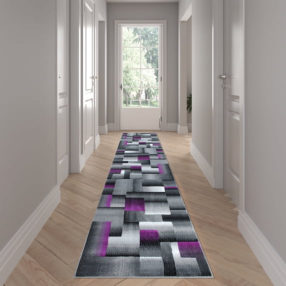 Emma + Oliver 2x10 Modern Cubist Olefin Accent Runner Rug in Gradient Shades of Black, Gray and Purple with Natural Jute Backing