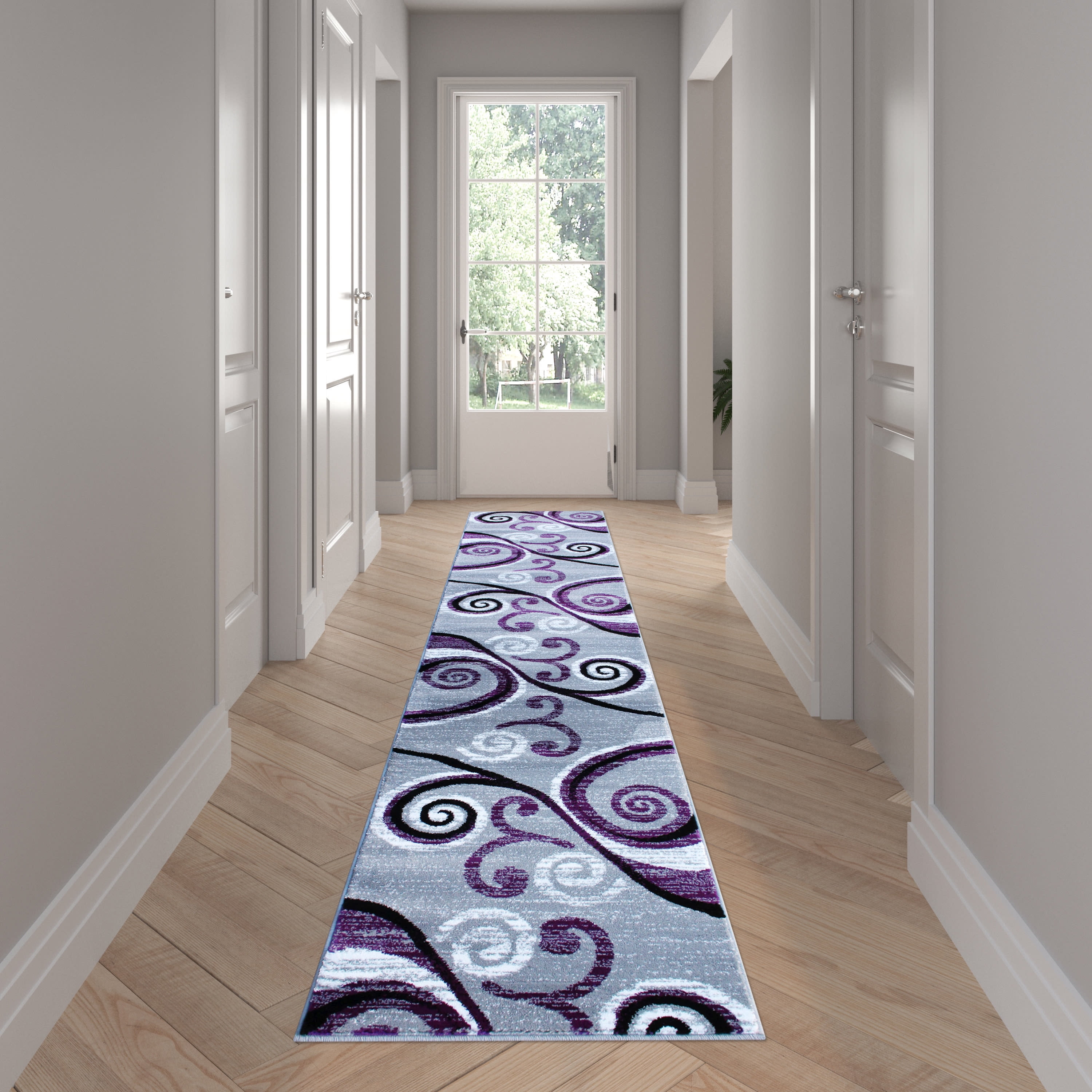 Emma + Oliver 2x11 Scraped Look Ultra Soft Plush Pile Olefin Accent Rug in Purple, Gray, Black and White Swirl Pattern, Jute Backing