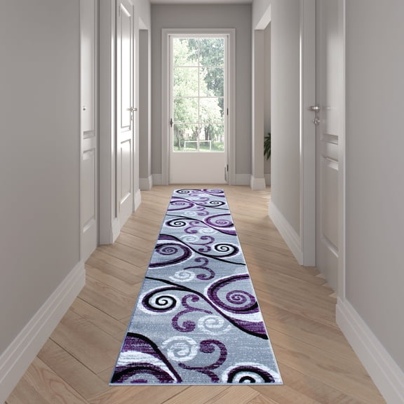 Emma + Oliver 2x11 Scraped Look Ultra Soft Plush Pile Olefin Accent Rug in Purple, Gray, Black and White Swirl Pattern, Jute Backing