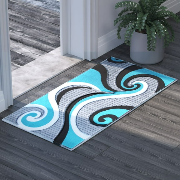 Emma + Oliver 2x3 Accent Rug with Modern 3D Sculpted Swirl Pattern and Varied Texture Piling in Turquoise, Black, White & Gray