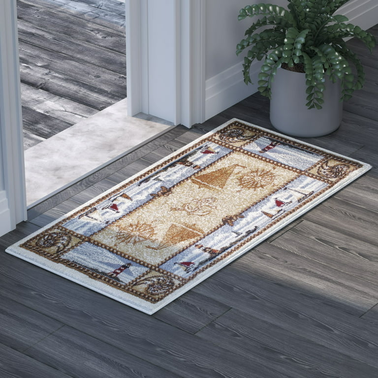 Emma And Oliver 2x3 Beige Nautical Theme Accent Rug With Coastal Scene Borders Featuring Sailboats Lighthouses Anchors Compass Rose Seass