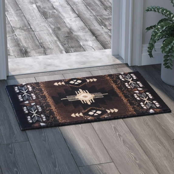 Emma + Oliver 2x3 Chocolate Olefin Accent Rug with Complementary Southwestern Pattern in Beige, Black and Brown and Jute Backing