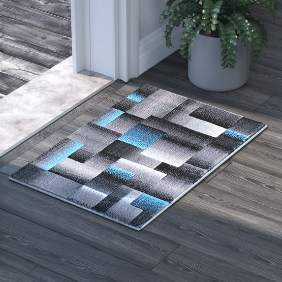 Emma + Oliver 2x3 Modern Cubist Olefin Accent Rug in Gradient Shades of Black, Gray and Blue with Natural Jute Backing