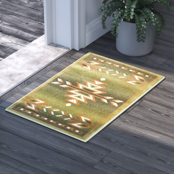Emma + Oliver 2x3 Olefin Accent Rug with Southwestern Geometric Arrow Design in Green, Black, Beige & Ivory and Natural Jute Backing