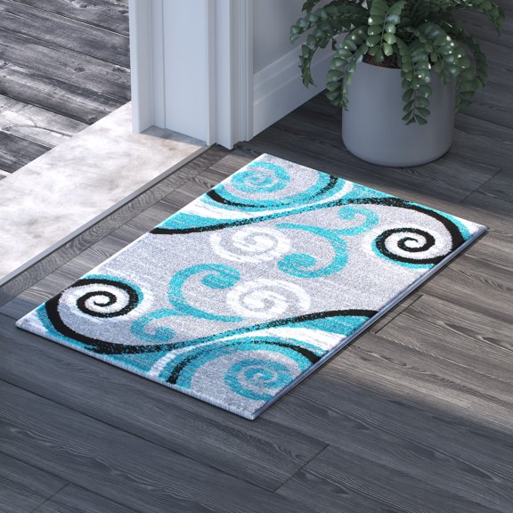 Emma + Oliver 2x3 Scraped Look Ultra Soft Plush Pile Olefin Accent Rug in Turquoise, Gray, Black and White Swirl Pattern, Jute Backing