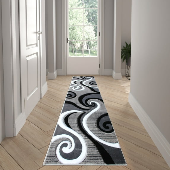 Emma + Oliver 2x7 Accent Rug with Modern 3D Sculpted Swirl Pattern and Varied Texture Piling in Black, White & Gray