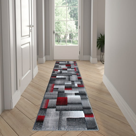 Emma + Oliver 2x7 Modern Cubist Olefin Accent Runner Rug in Gradient Shades of Black, Gray and Red with Natural Jute Backing