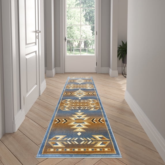 Emma + Oliver 2x7 Olefin Accent Runner with Southwestern Geometric Arrow Design in Blue, Black, Beige & Ivory and Natural Jute Backing