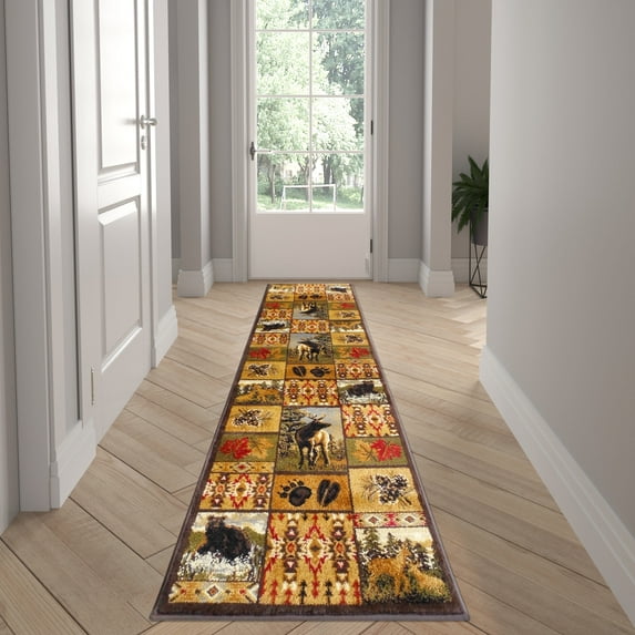Emma + Oliver 2x7 Rustic Cabin Olefin Accent Runner with Bear and Elk Scenes in Full Color with Southwestern Geometric Accents and Jute Backing